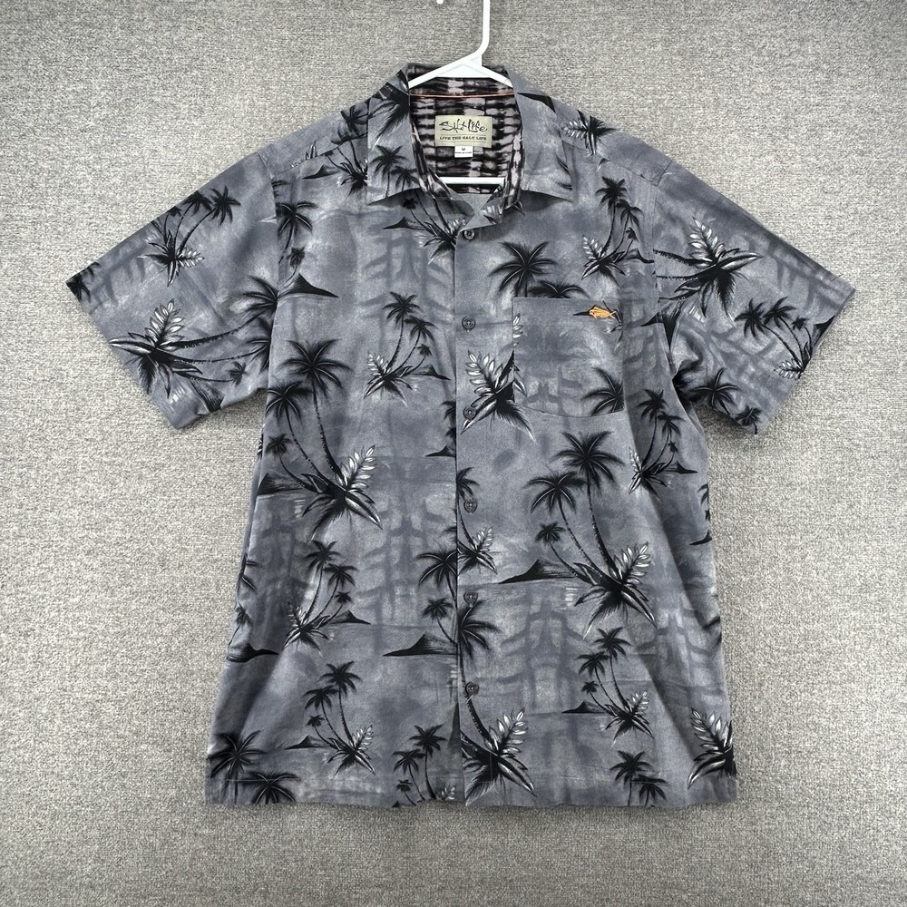 Salt Life‎ Short Sleeve Shirt Men Size Medium Gray Palms Beach Button Up